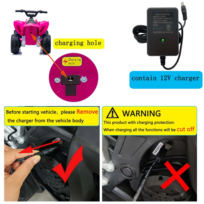 Kinder Quad elettrico 12V, due velocità (alta/bassa) e avanti/indietro, 85x55x55,3 cm, Rosa