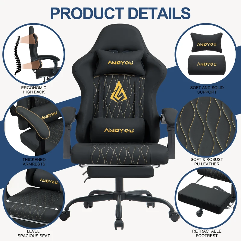 Sedia da gaming con poggiapiedi, morbido cuscino per collo e lombare, cuscini di supporto rimovibili, 60x60x122 cm, Nero