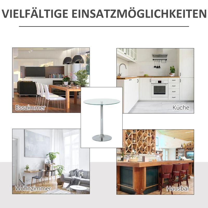 HOMCOM Ronde Eettafel met Glazen Tafelblad, Metalen Frame, Zilverkleurig