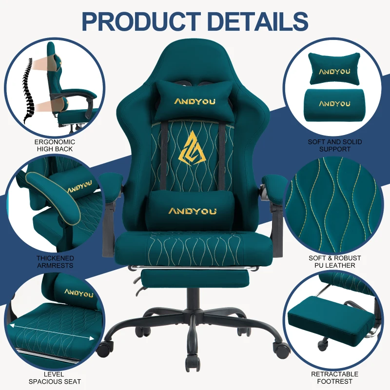 Sedia da gaming con poggiapiedi, morbido cuscino per collo e zona lombare, cuscini di supporto rimovibili, 60x60x122 cm, Blu marino
