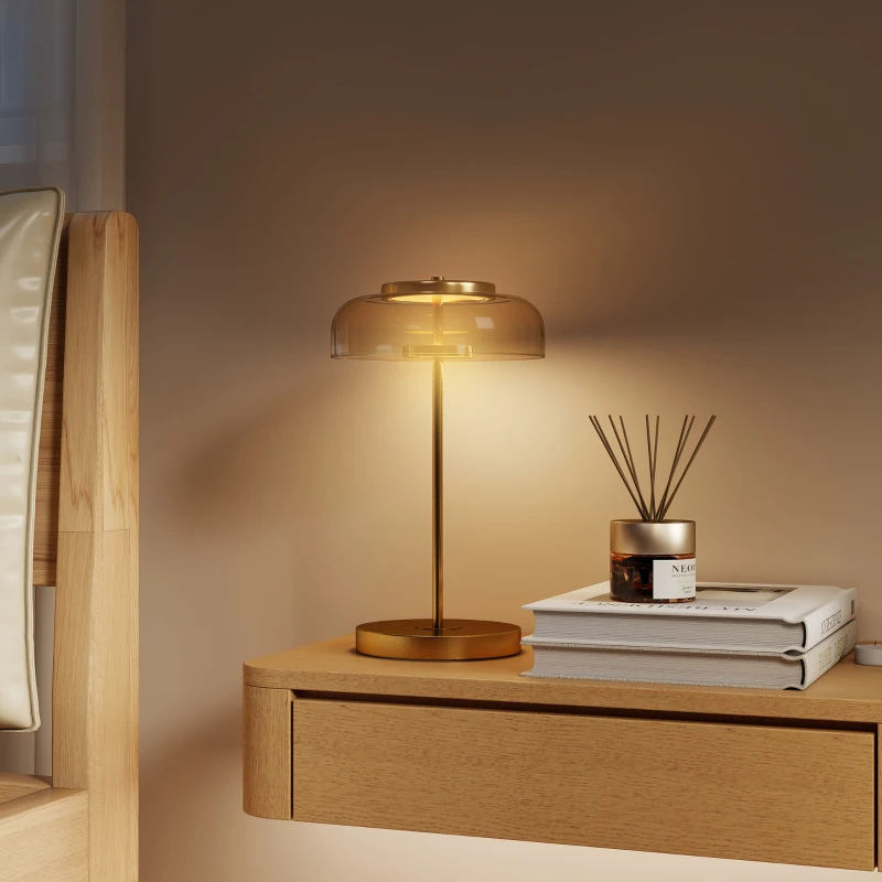 HOMCOM Tafellamp Tafelverlichting met warm LED-licht, metalen voet, amberkleurige glazen kap, Ø23 x 40H cm, Goud