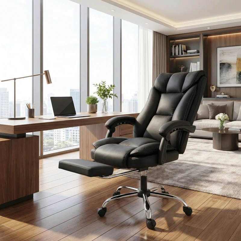 HOMCOM Silla de Oficina Reclinable a 155° con Reposapiés, Doble Acolchado y Revestimiento en Piel Sintética, Negro