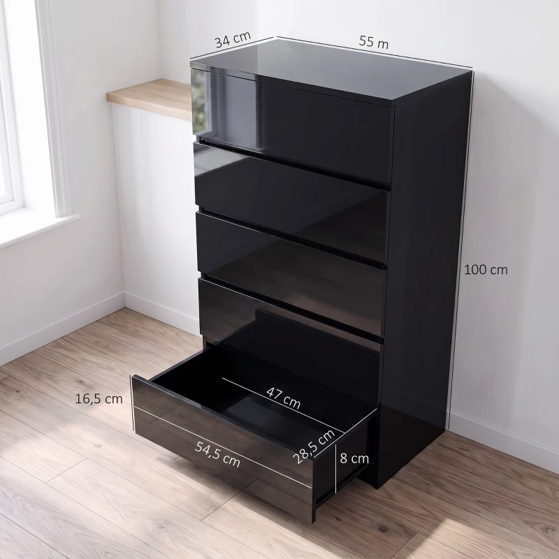 HOMCOM Cómoda con 5 Cajones Cajonera de Estilo Moderno para Dormitorio Entrada Salón 55x34x100 cm Negro