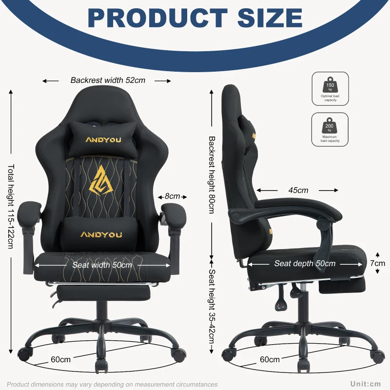 Sedia da gaming con poggiapiedi, morbido cuscino per collo e lombare, cuscini di supporto rimovibili, 60x60x122 cm, Nero