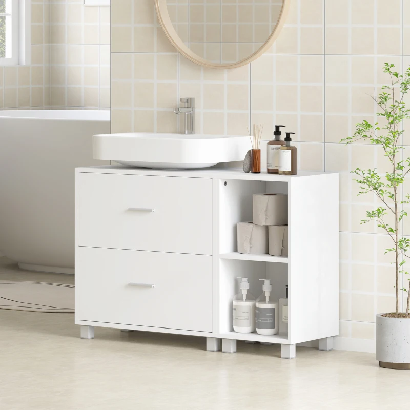 HOMCOM Mueble Bajo Lavabo Mueble de Baño con 2 Cajones y 2 Estantes Abiertos para Lavabo sin Pedestal 90x30x60 cm Blanco