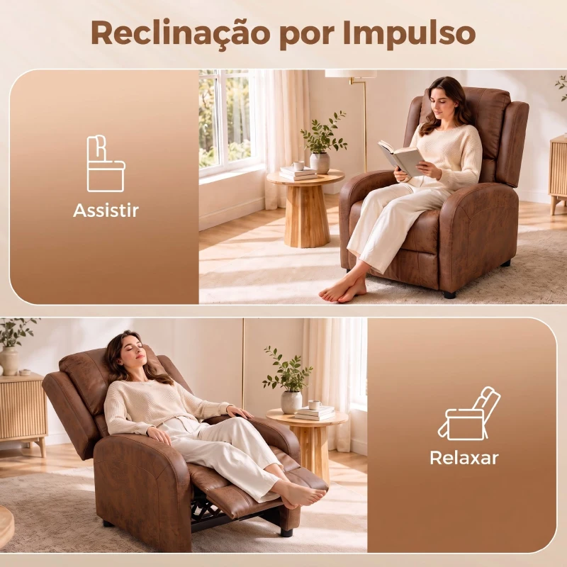 HOMCOM Cadeirão Relax Reclinável Manual em Pele Sintética com Montagem Rápida, Apoio para Pés e Acolchoamento Espesso Castanho
