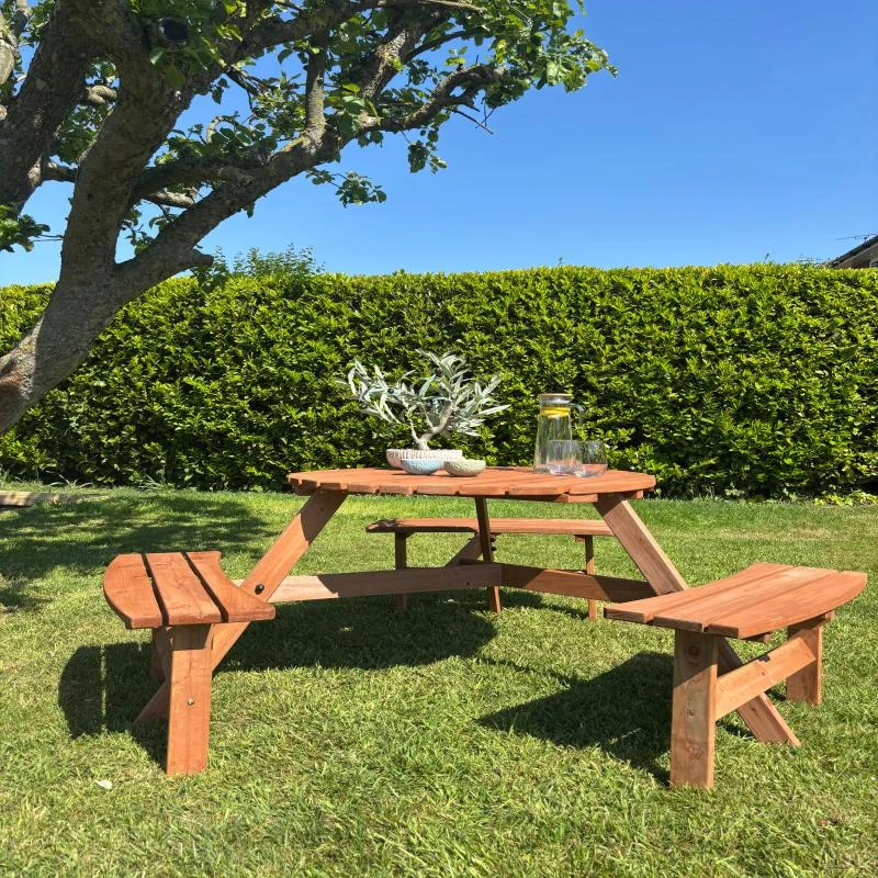 Outsunny Wooden Garden Dining Set, 6 Seater Round Dining Picnic Table with Matching Bench, Garden Furniture Set with Parasol Hole for Outdoor Patio Party and Family Gatherings, Brownish Red