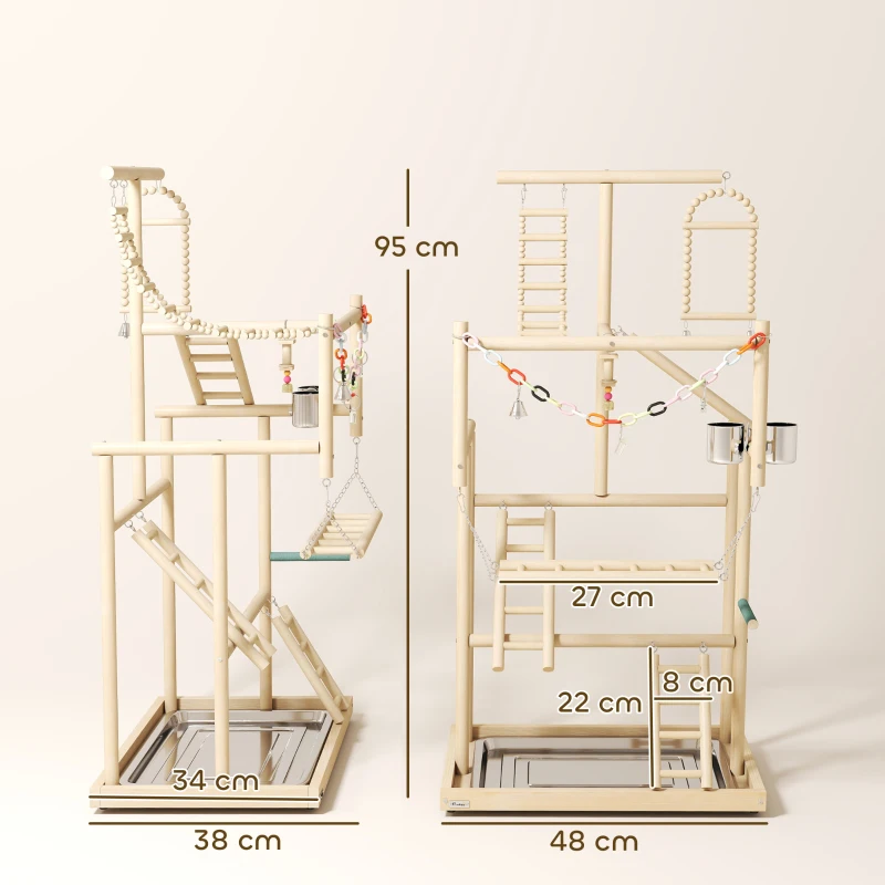 PawHut Parque de Juegos para Pájaros Soporte de Madera para Pájaros con Escaleras Columpio Cadena Bandeja Comederos