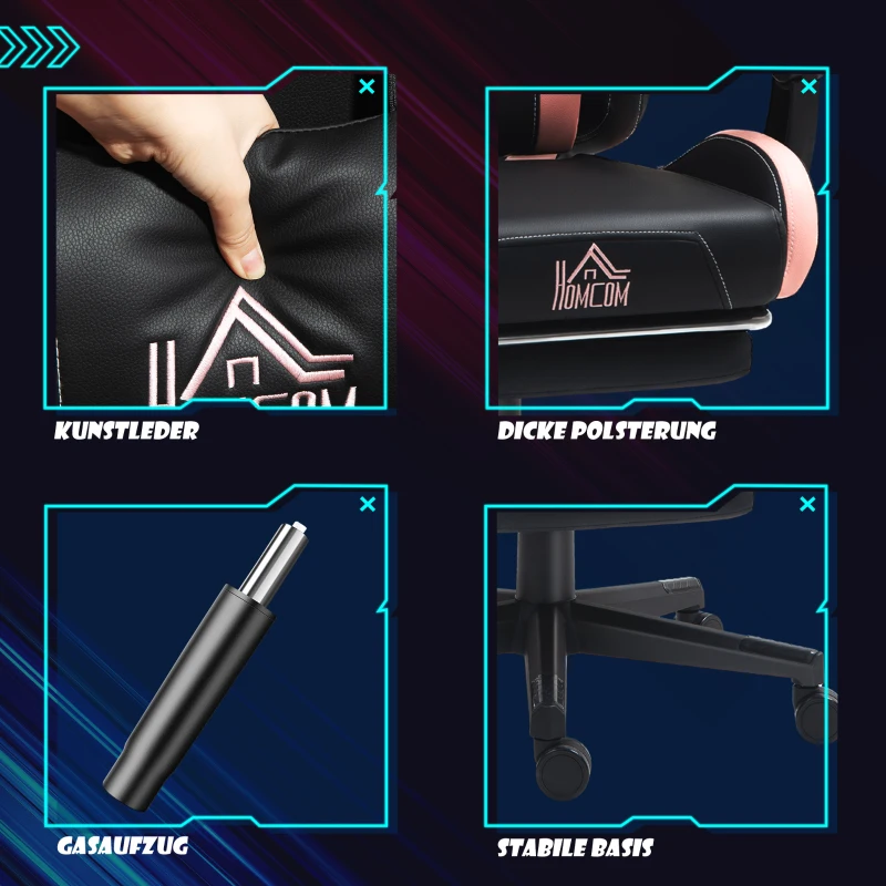 HOMCOM Gamingfauteuil met kattenoortjes, kantelbare rugleuning, uitschuifbare voetsteun, tot 120 kg, Roze/Zwart(m-8)