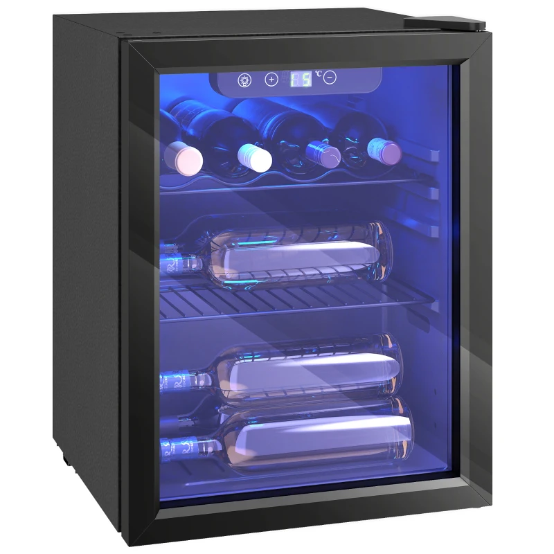 HOMCOM Wijnkoeler voor 16 flessen, 48 L capaciteit, 4–16°C, Onderbouw koelkast voor drankjes en bier, met glazen deur, LED-verlichting