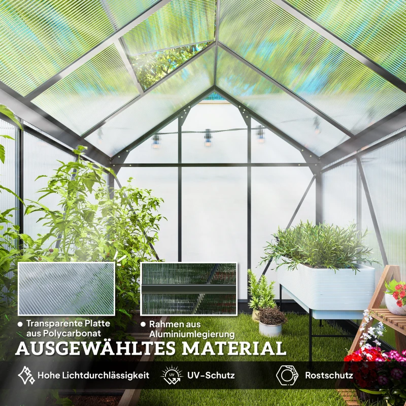 Outsunny Gewächshaus Aluminium 3,65m² 190x192x201cm mit Fundament Dachfenster Schiebetür 4 mm Platten, UV-beständig