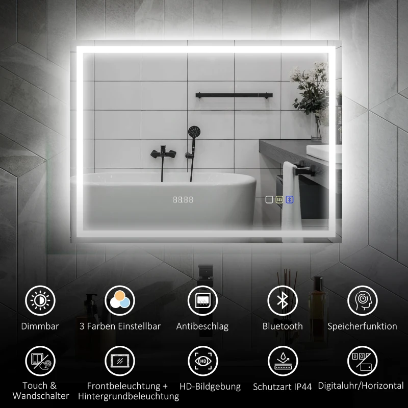 HOMCOM LED Badkamerspiegel met Verlichting, Anti-condensfunctie, 3 Verstelbare Kleurtemperaturen, Klok, 60 x 80 cm, Zilver
