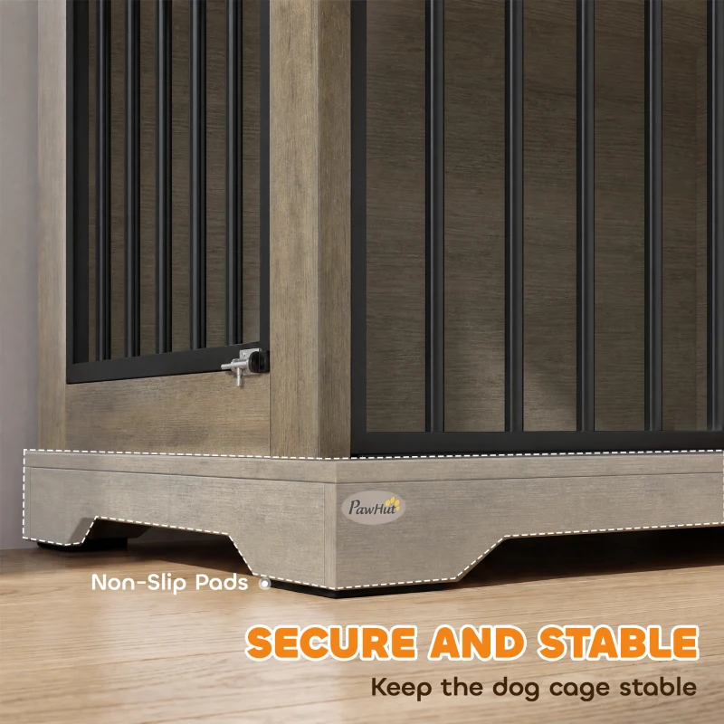 PawHut Cage pour Chien en Bois et Acier avec Porte Coulissante, Table d'Appoint, Niche Moderne, 100x60x68cm, Gris-Marron Clair