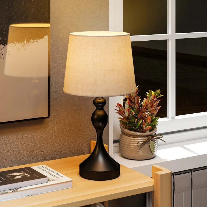 HOMCOM Tafellamp LED met 3 kleurtemperaturen, nachtlamp met USB A+C oplaadpoorten, linnen lampenkap, zwart