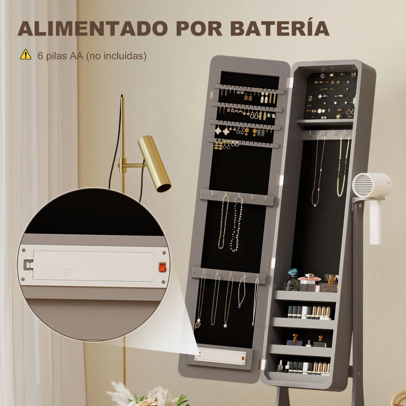 HOMCOM Espejo Joyero con Luces LED Armario Joyero con Espejo Entero de Ángulo Ajustable Cajón Luces Apagado Automático Gris