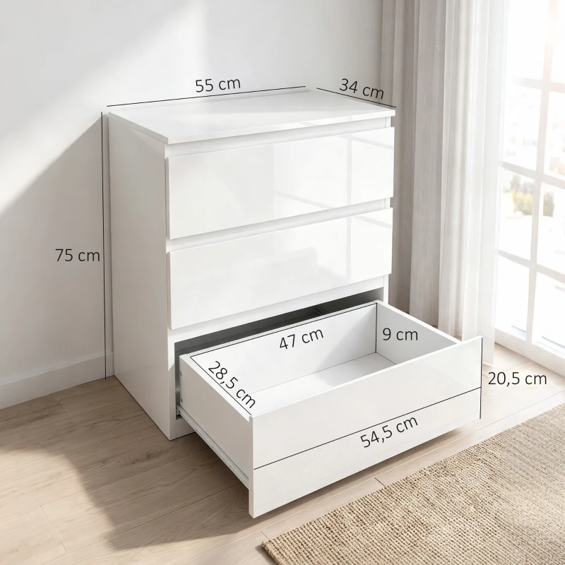 HOMCOM Cómoda con 3 Cajones Cómoda de Dormitorio Moderno con Diseño Anti-vuelco 55x34x75 cm Blanco Brillo