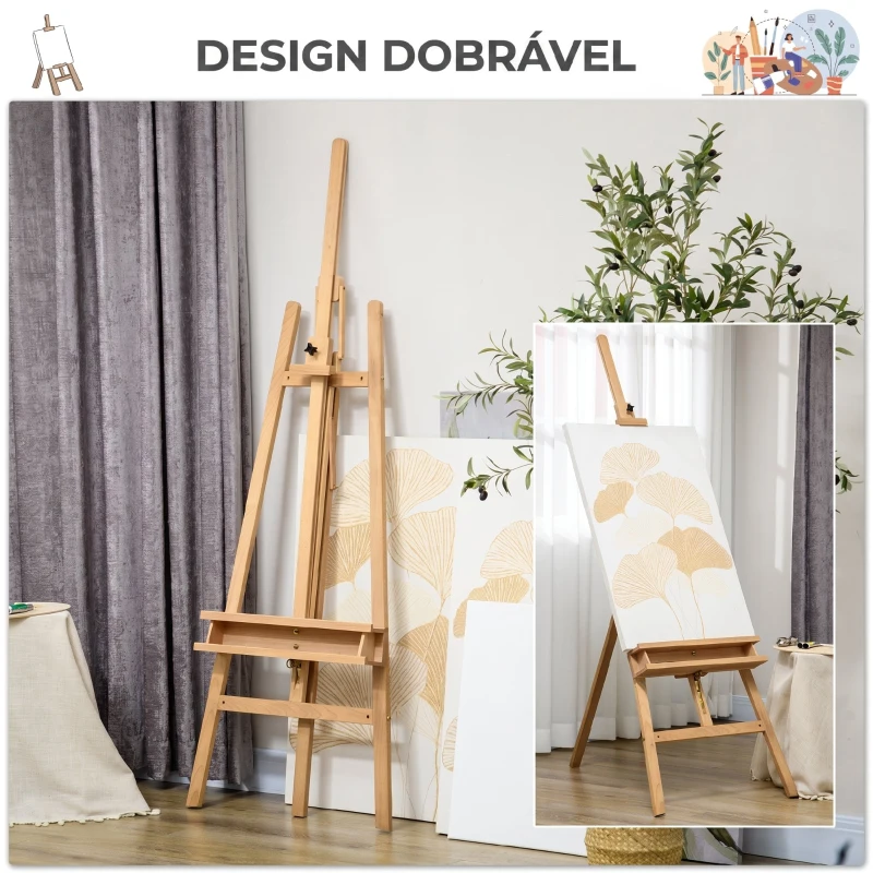 Vinsetto Cavalete de Pintura Dobrável em Madeira, 235 cm, Altura e Ângulo Ajustáveis, Prateleira Inferior, Natural