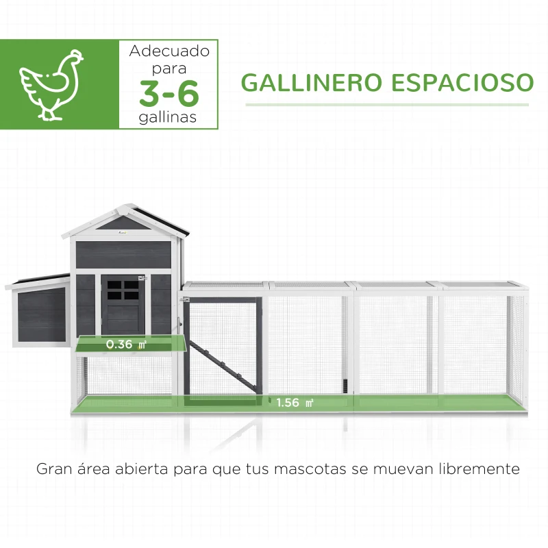 PawHut Gallinero de Madera Grande para 3-6 Gallinas con Techo Asfáltico Nido y Bandeja Extraíble 297,5x68x118 cm Blanco y Gris