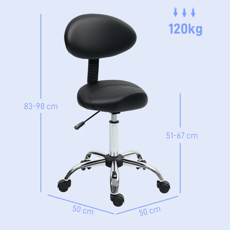 HOMCOM Rollhocker met hoogteverstelbare zitting 51-67 cm en rugleuning, voor massagestudio, tattoo, kliniek, spa, zwart
