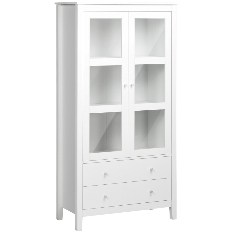 HOMCOM Vitrina de Salón Aparador de Cocina con 2 Puertas de Vidrio 3 Estantes 2 Cajones para Comedor Oficina 80x40x160cm Blanco