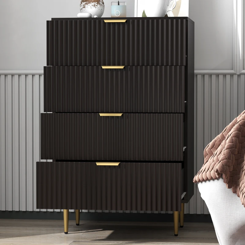 HOMCOM Cassettiera da 4 Cassetti Moderna, Comò con Maniglie Dorate e Dispositivo Antiribaltamento, 60x40x96 cm, Nero