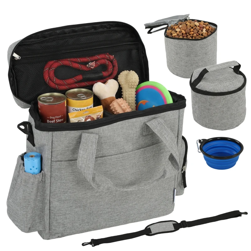 PawHut Hundebox Transportbox Hund mit mehreren Fächern 2 Futterbehältern zusammenklappbar Silikonschüssel 38x17x35 cm Hellgrau