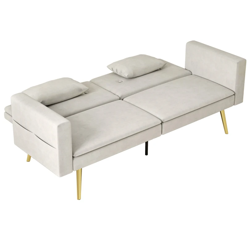 HOMCOM Tweezits Bedbank, Verstelbare Rugleuning, Zachte Kussens, Fluweelachtige Bekleding, voor Woonkamer, Gastenkamer, Beige