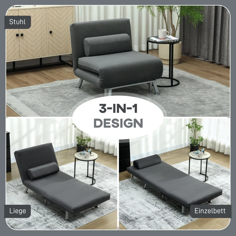 HOMCOM Opklapbare stoel met bedfunctie, opvouwbare relaxstoel in velvet-look, Verstelbare rugleuning, 75 x 70 x 75 cm, Donkergrijs