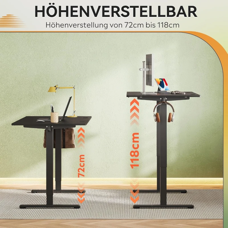 Bureau électrique réglable en hauteur, moteur silencieux, plateau ergonomique monobloc, 100 × 60 cm, 100x60x72-118 cm, Noir