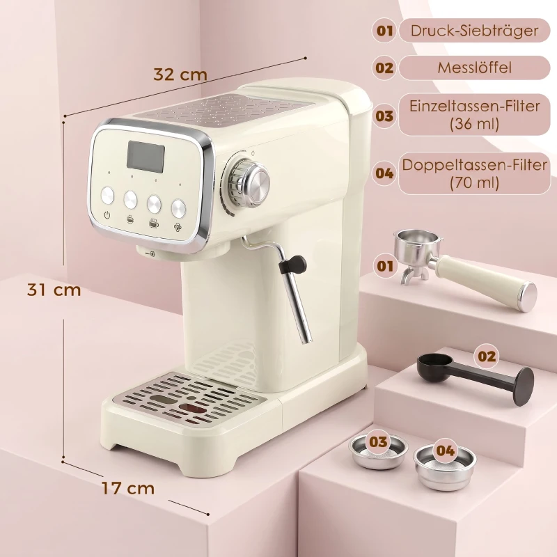 HOMCOM Siebträgermaschine 20 Bar Espressomaschine mit Milchaufschäumer und 1,2L abnehmbaren Wassertank für Espresso
