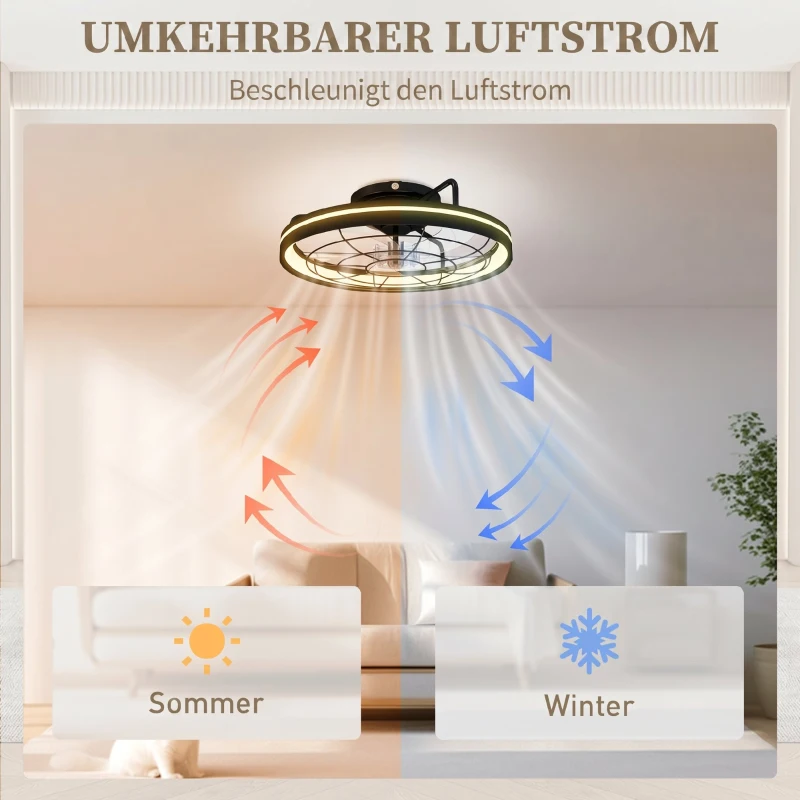 HOMCOM Plafondventilator met licht en afstandsbediening, 48 cm LED-plafondventilator met 3 kleurtemperaturen, 6 snelheden, timer, zwart
