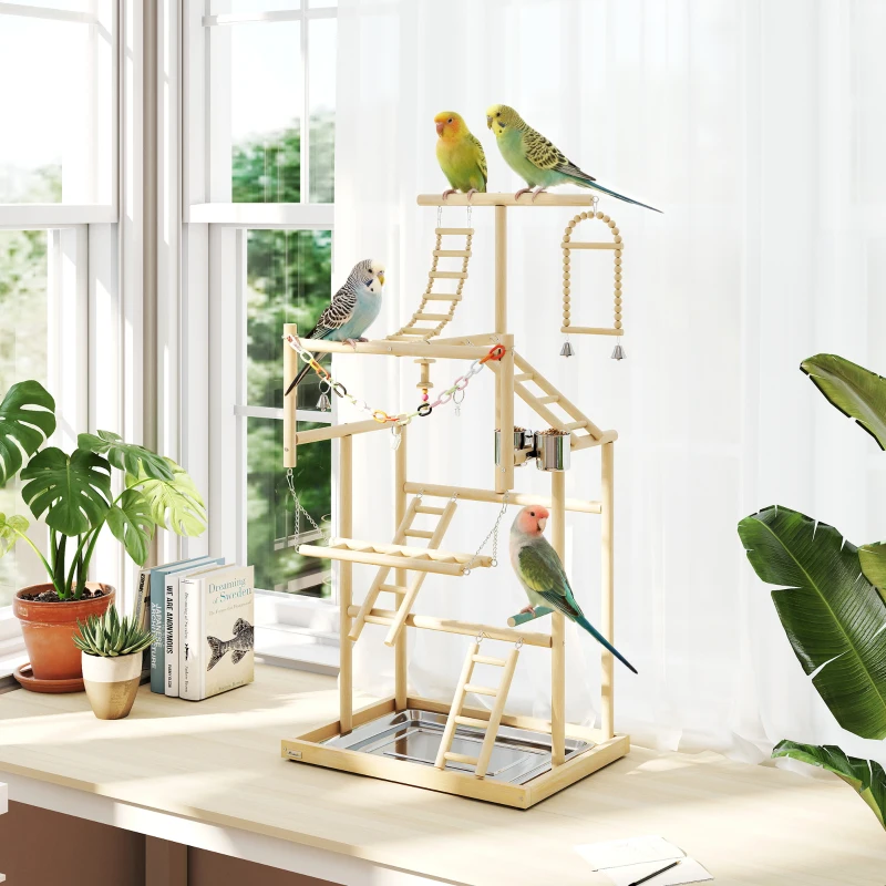 PawHut Parque de Juegos para Pájaros Soporte de Madera para Pájaros con Escaleras Columpio Cadena Bandeja Comederos