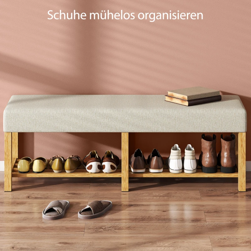 HOMCOM 140 cm schoenenbank van massief hout, moderne halbank met gewatteerd zitgedeelte voor twee personen, natuurlijk hout en crème wit