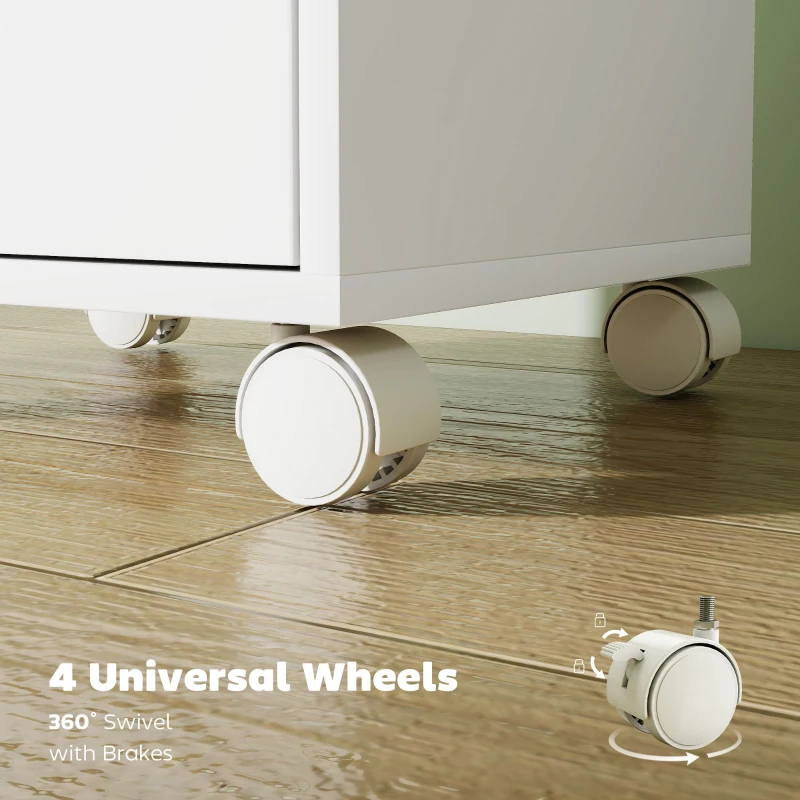 HOMCOM 6 Drawer Vertical File Cabinet, Mobile Filing Cabinet with Quiet Drawers and Wheels with 2 Brakes, White
