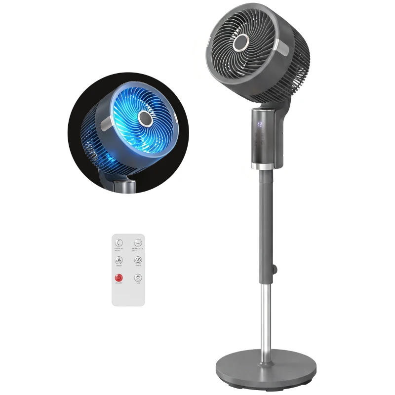 HOMCOM Staande ventilator luchtcirculator ventilator met 8 snelheidsstanden LED-display afstandsbediening timer 90° oscillatie Grijs