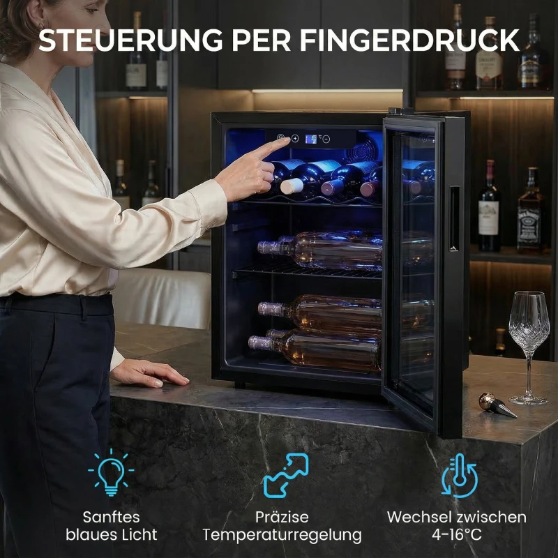HOMCOM Wijnkoeler voor 16 flessen, 48 L capaciteit, 4–16°C, Onderbouw koelkast voor drankjes en bier, met glazen deur, LED-verlichting