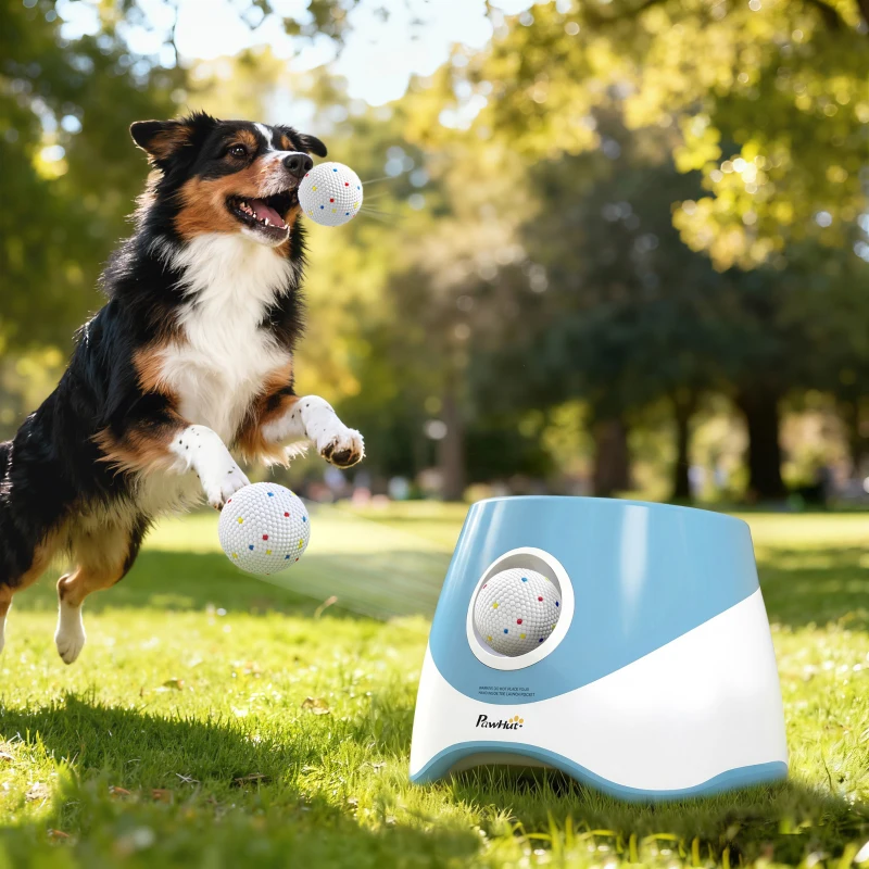 PawHut Automatic Dog Ball Launcher with 5 ETPU Balls 5.8 cm, 3 Distance Settings 6/10/14 m, Blue