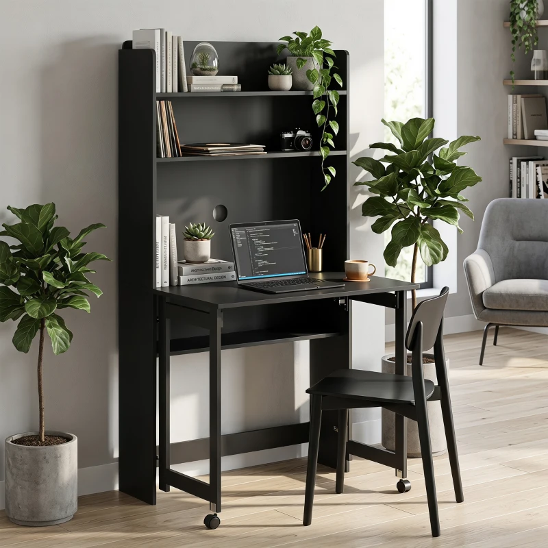 HOMCOM Foldable Desktop, Computer Desk with Storage Shelves, 80 x 69 x 155 cm, Black