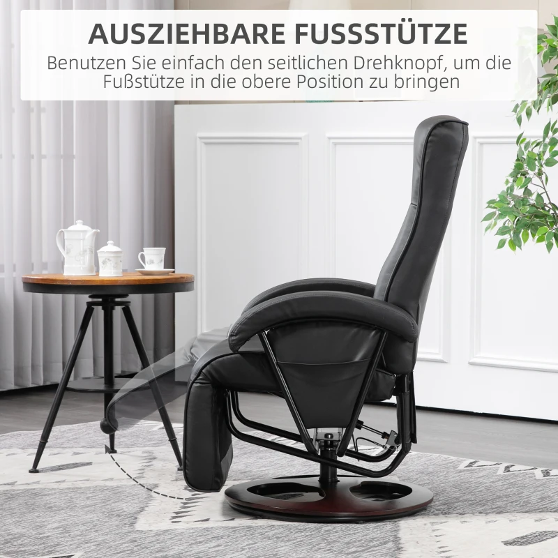 HOMCOM Draaibare Gestoffeerde Stoel, Kunstleer, Voetensteun, Houten Basis, Kantelbaar, Zwart(m-5)
