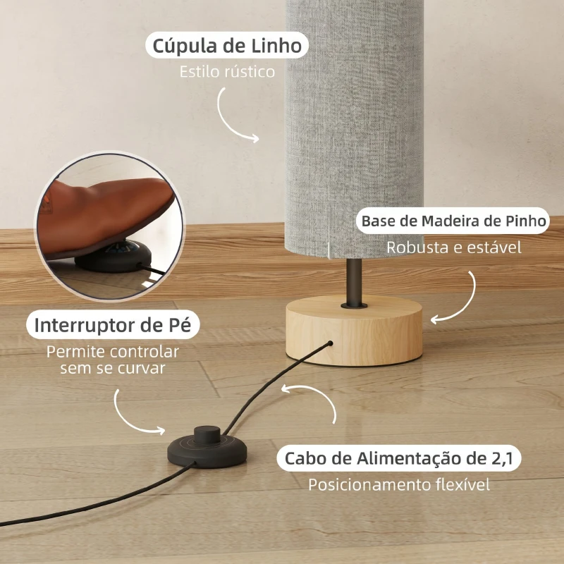 HOMCOM Candeeiro de Pé para Sala com Casquilho E27 Máx. 40 W, Abat-Jour em Linho e Estrutura Metálica, 15x15x120 cm, Cinzento