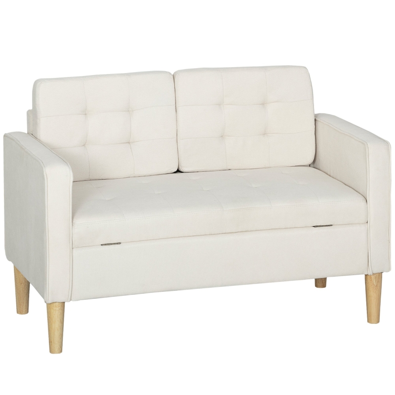 HOMCOM 2-zitsbank met opbergruimte en knoopgestikte rug, fluweel, 117×62×78 cm, crèmewit