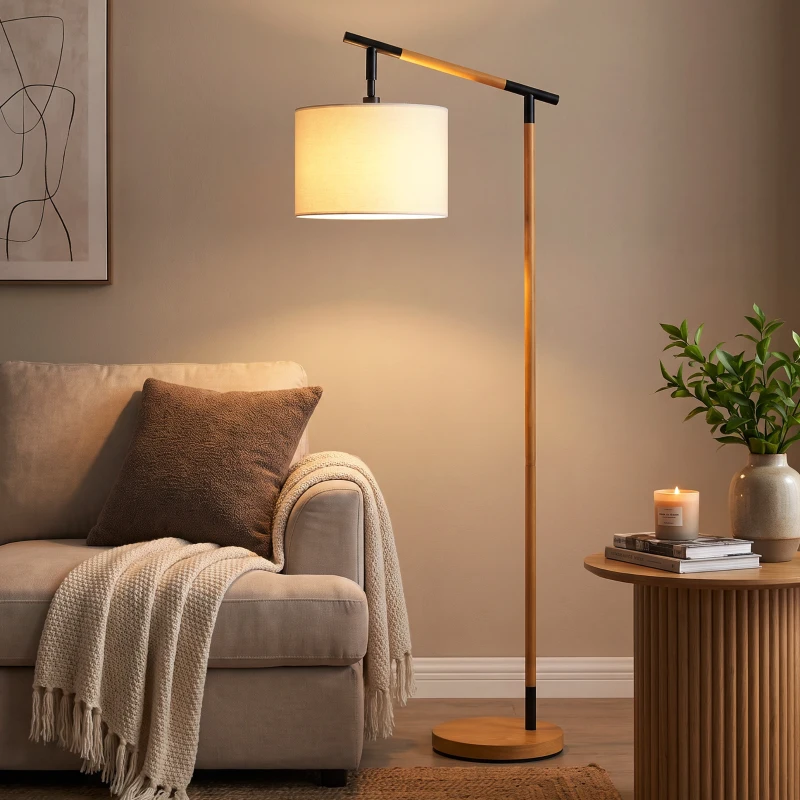 HOMCOM Metal Frame Floor Lamp with 350 Degree Rotating Lampshade, for Living Room and Bedroom, LED Bulb Included, Brown