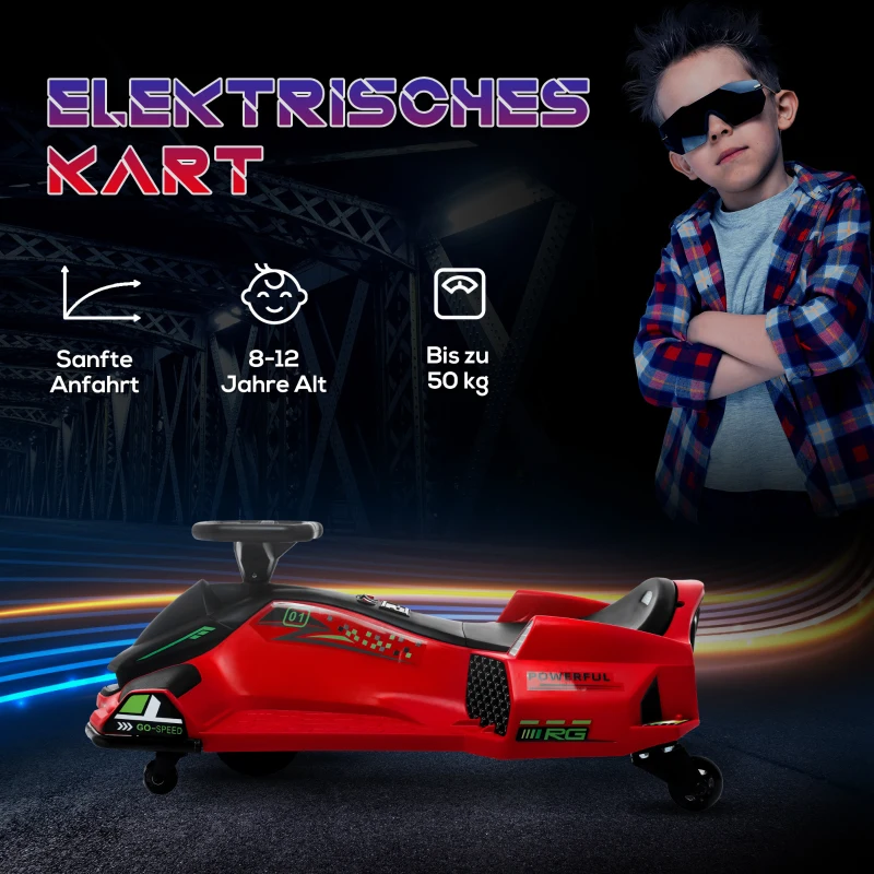 HOMCOM Elektrisch Go-Kart voor Kinderen, Rubberwielen, 3-8 km/u, Met Licht- en Muziekfunctie, Rood(m-7)