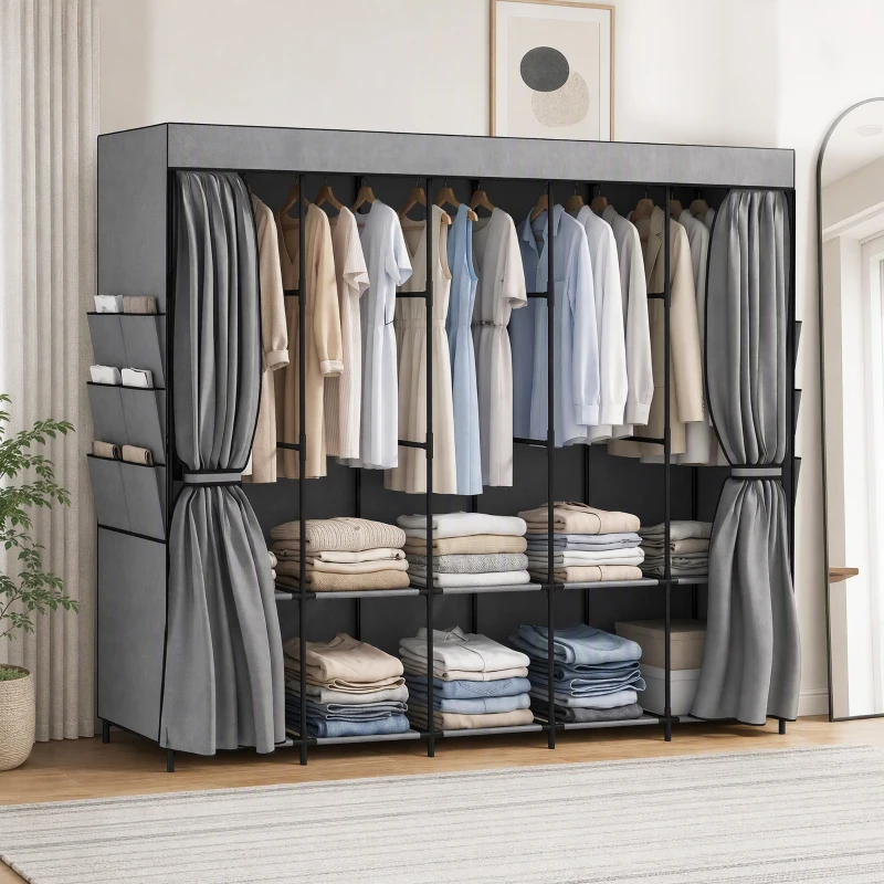 HOMCOM Stoffkleiderschrank mit 5 Stangen 5 Regalen 6 Seitentaschen Reißverschluss Stahlrahmen 212x45x167 cm Grau