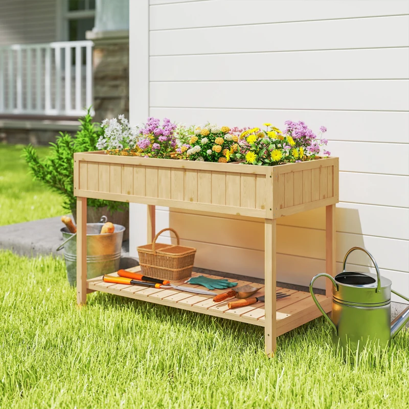 Outsunny Huerto Urbano de Madera Mesa de Cultivo con Estante Inferior Jardinera Elevada para Cultivo 110x46x76 cm Natural