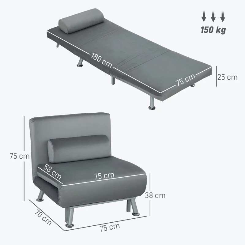 HOMCOM Opklapbare stoel met bedfunctie, opklapbare relaxstoel in fluweellook, verstelbare rugleuning, 75 x 70 x 75 cm, Grijs