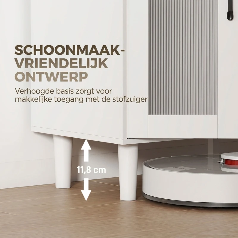 HOMCOM Dressoir Keukenkast met Lade, 2 Kasten, Open Vak, Geribbelde Acrylglasdeur 80 x 34 x 91 cm Wit+Eiken