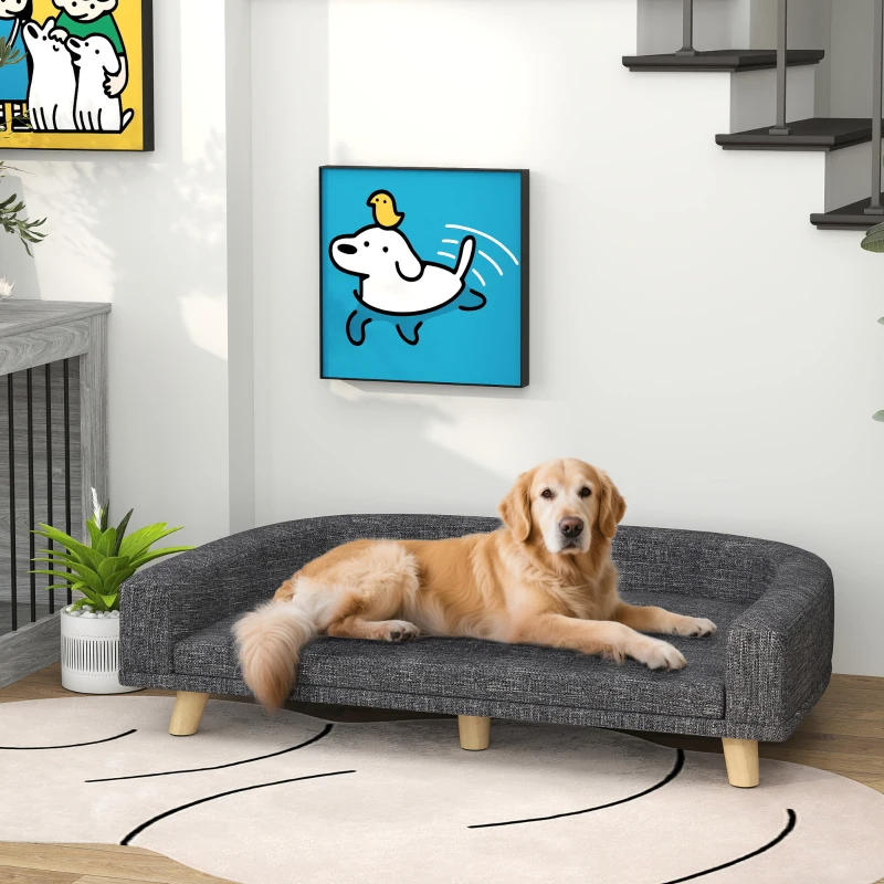 PawHut Sofá para Cães Cama Elevada para Cães Estofada com Almofada Lavável e Pés de Madeira de Pinho 98x67x25 cm Cinza Escuro
