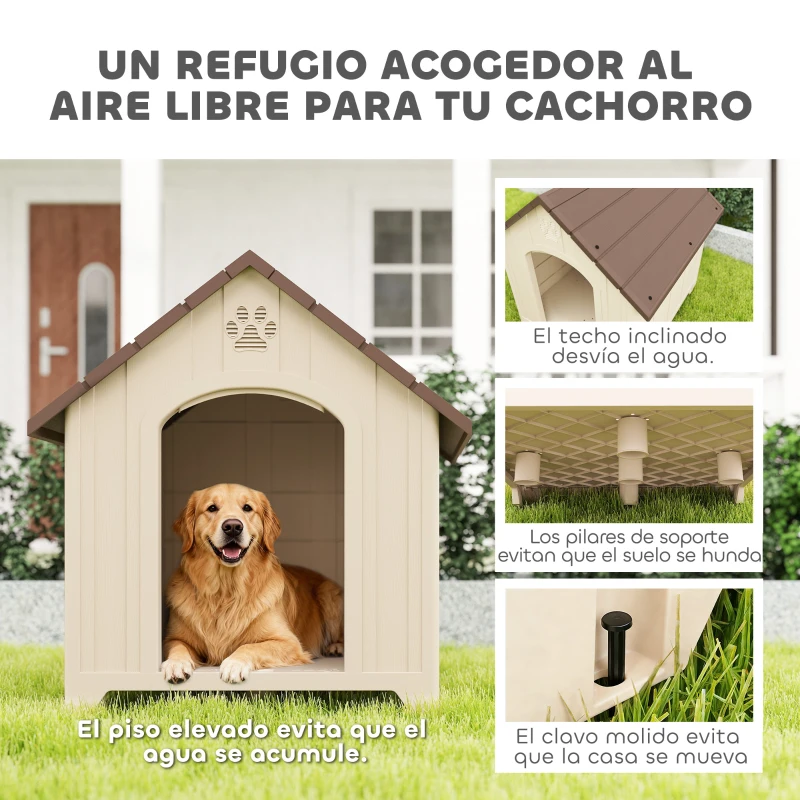 PawHut Caseta para Perros Exterior Casa para Perros Grandes de Plástico con 2 Ventanas Base Elevada Estacas Beige