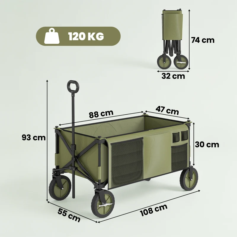 Outsunny Bollerwagen, klappbar, 5 Seitentaschen, einziehbare Griff, bis 120 kg belastbar, Stahl, 108 x 55 x 93 cm, Grün